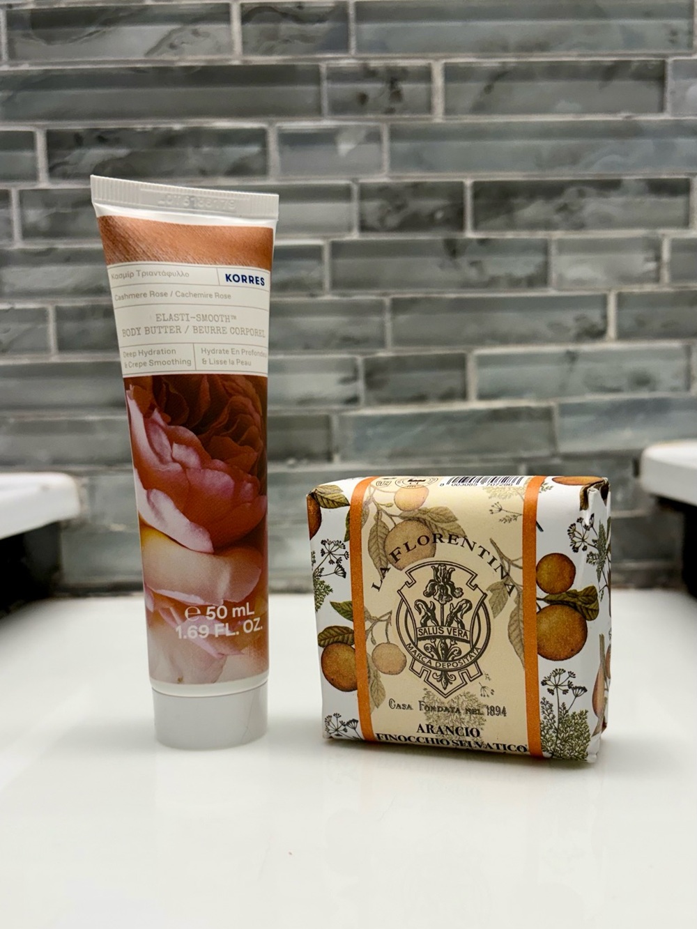KORRES Elasti-Smooth Body Butter Cashmere Rose 1.69 oz. + La Florentina Soap